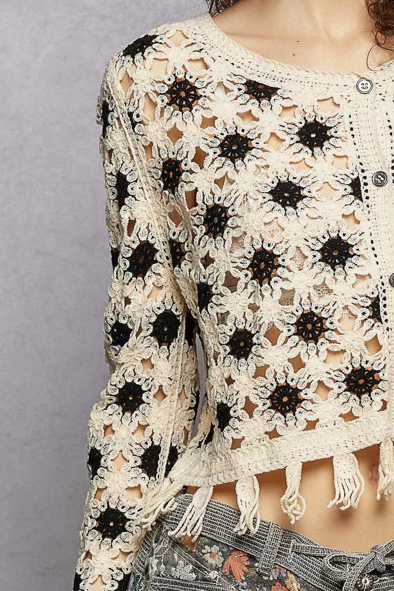 POL Openwork Floral Crochet Cardigan with Tassel Hem - 
