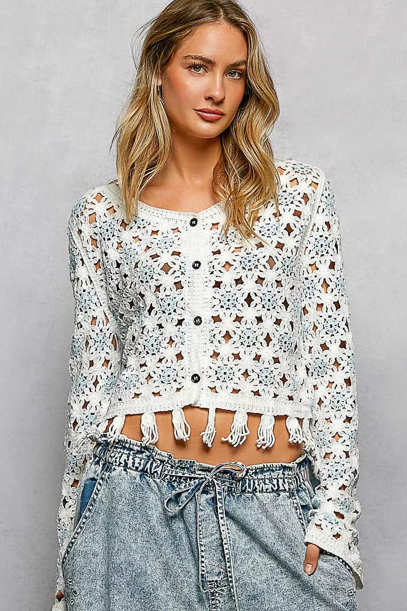 POL Openwork Floral Crochet Cardigan with Tassel Hem - 
