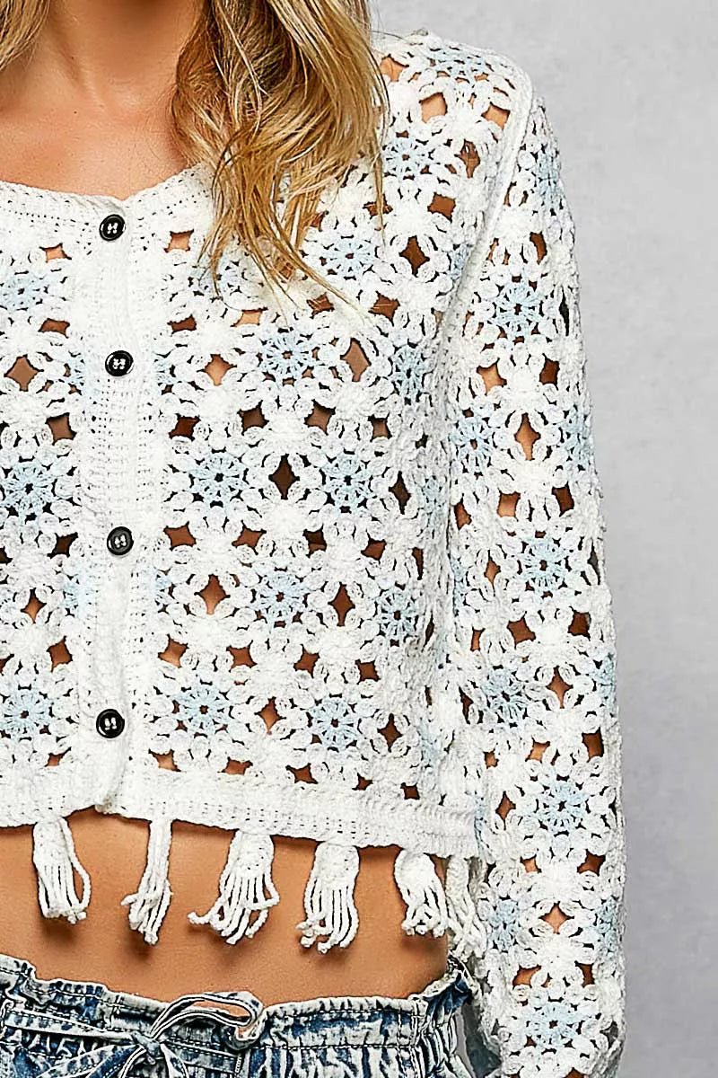 POL Openwork Floral Crochet Cardigan with Tassel Hem - 