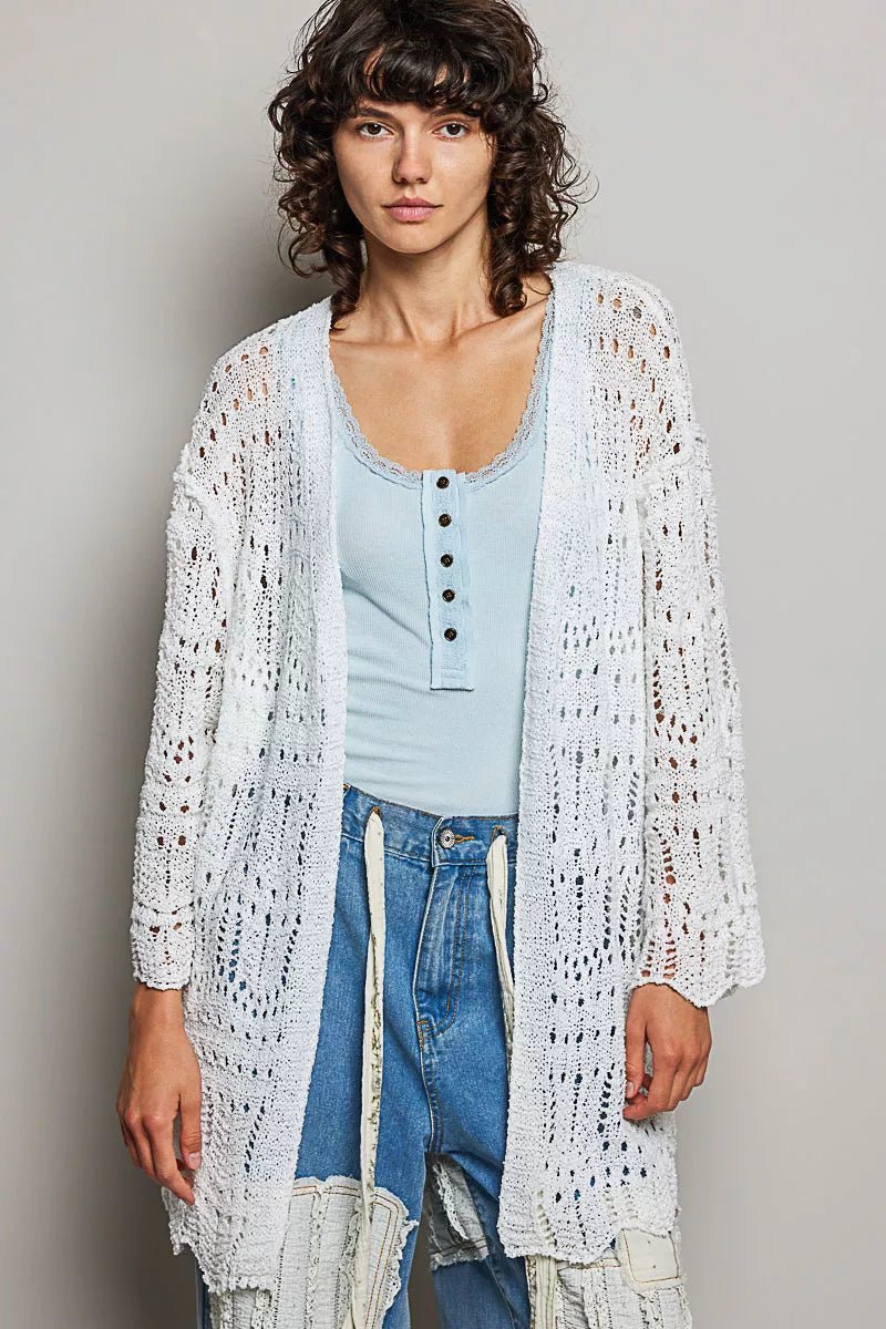 POL Openwork Lightweight Open Front Cardigan with Scalloped Edge - 