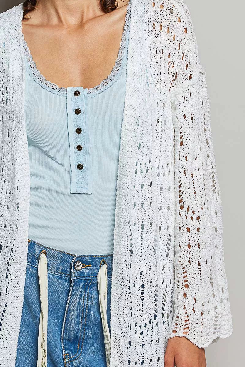 POL Openwork Lightweight Open Front Cardigan with Scalloped Edge - 
