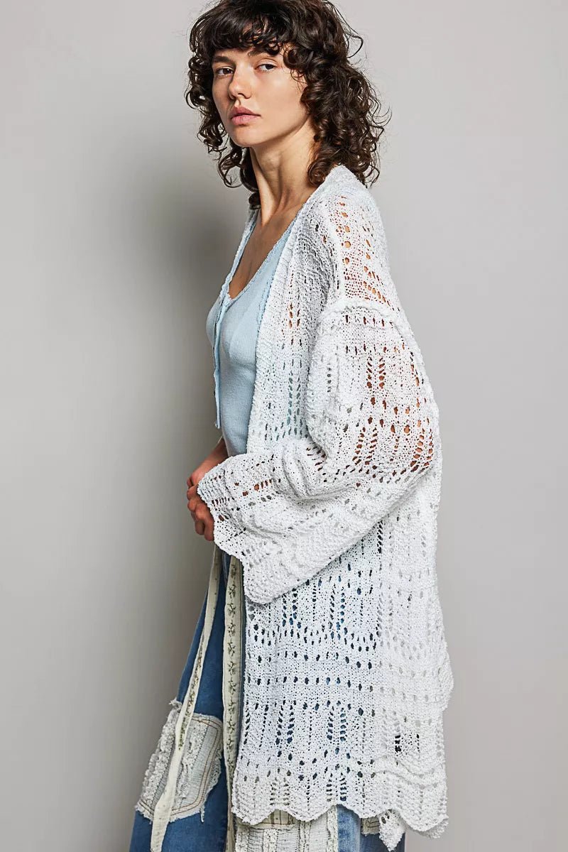 POL Openwork Lightweight Open Front Cardigan with Scalloped Edge - 