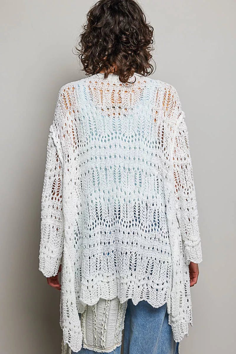 POL Openwork Lightweight Open Front Cardigan with Scalloped Edge - 