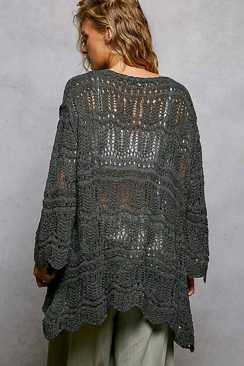 POL Openwork Lightweight Open Front Cardigan with Scalloped Edge - 