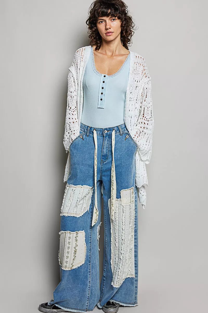 POL Openwork Lightweight Open Front Cardigan with Scalloped Edge - 