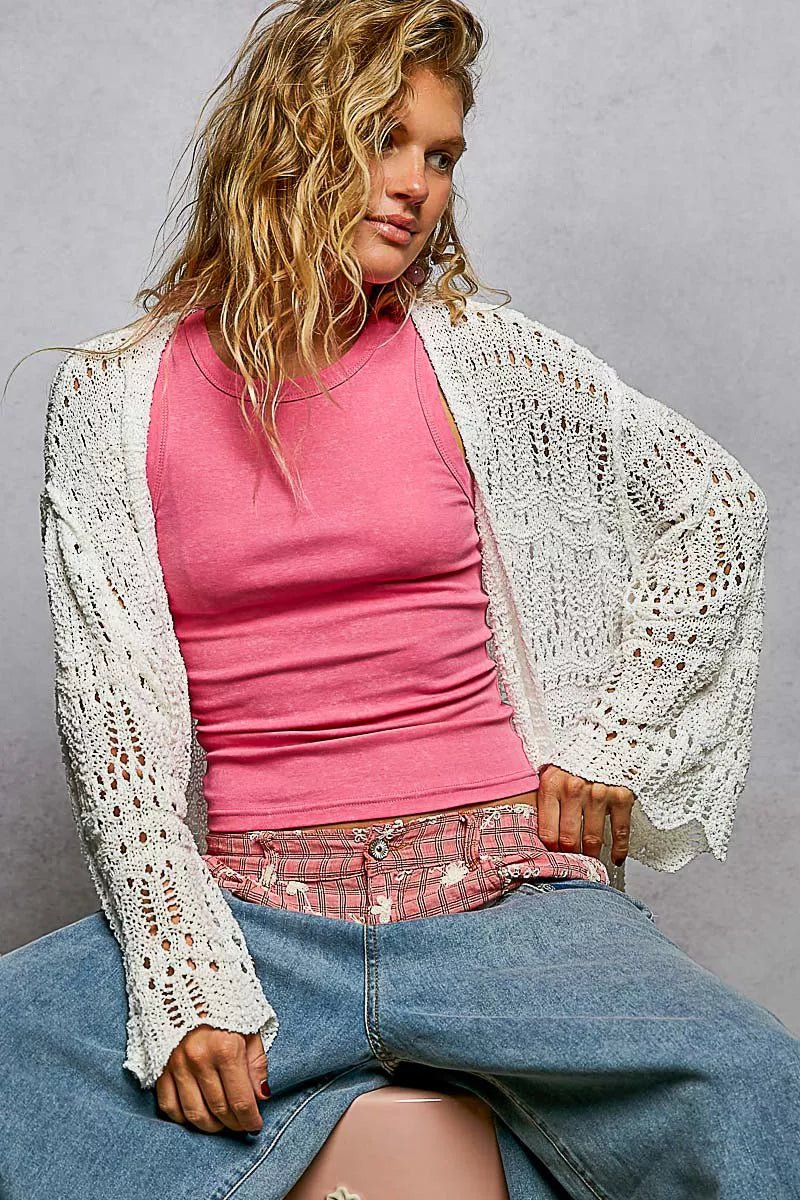 POL Openwork Lightweight Open Front Cardigan with Scalloped Edge - 