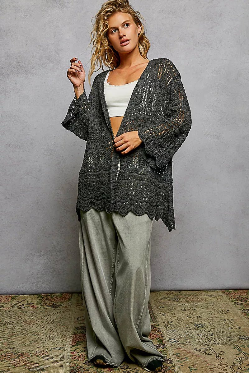 POL Openwork Lightweight Open Front Cardigan with Scalloped Edge - 