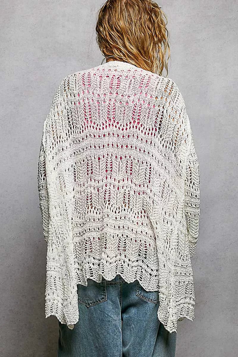 POL Openwork Lightweight Open Front Cardigan with Scalloped Edge - 
