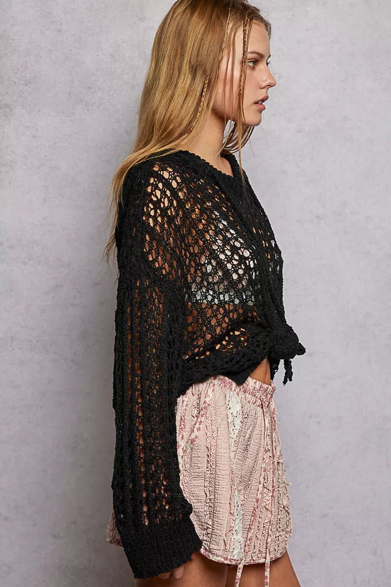 POL Openwork Round Neck High Low Knit Top - 