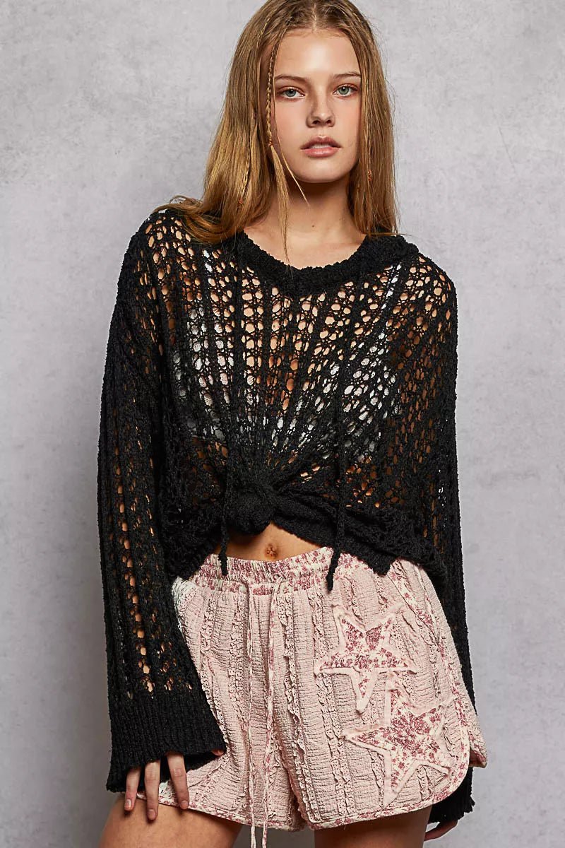 POL Openwork Round Neck High Low Knit Top - 