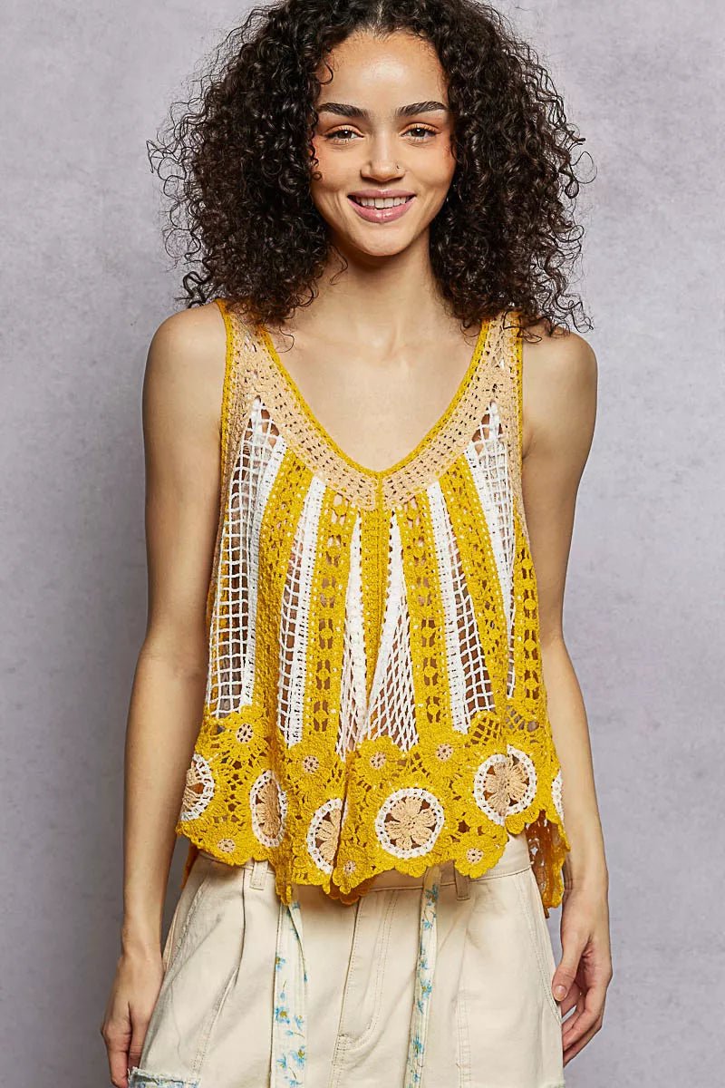POL Openwork Stripe Pattern Flowy Tank with Scalloped Edge - 