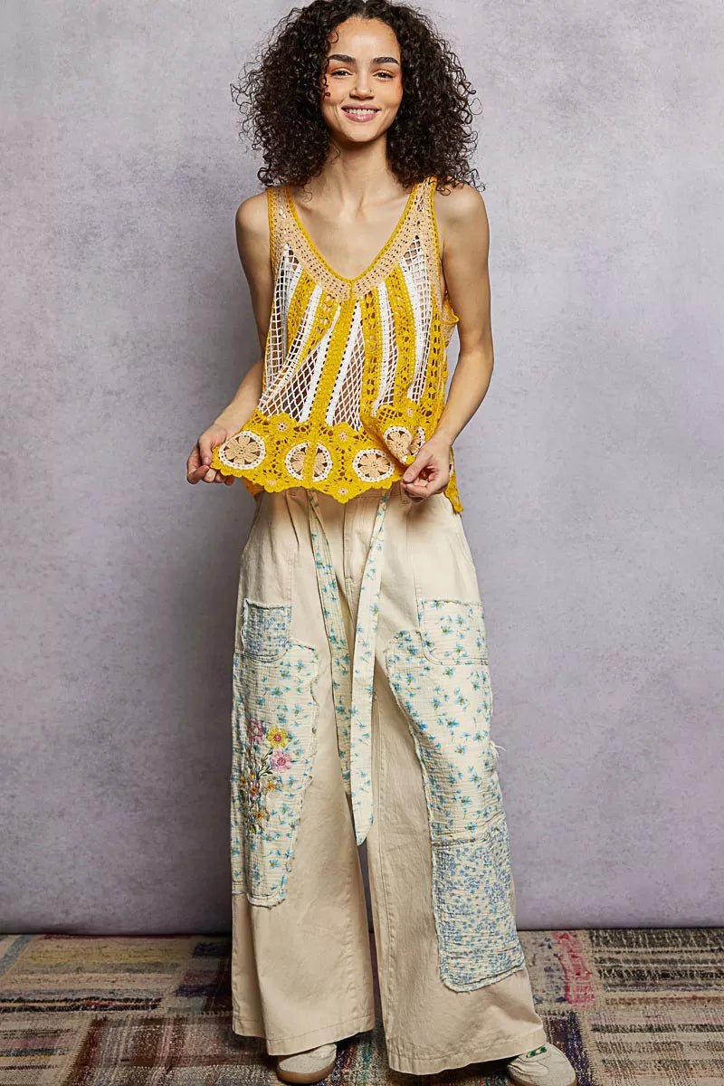 POL Openwork Stripe Pattern Flowy Tank with Scalloped Edge - 