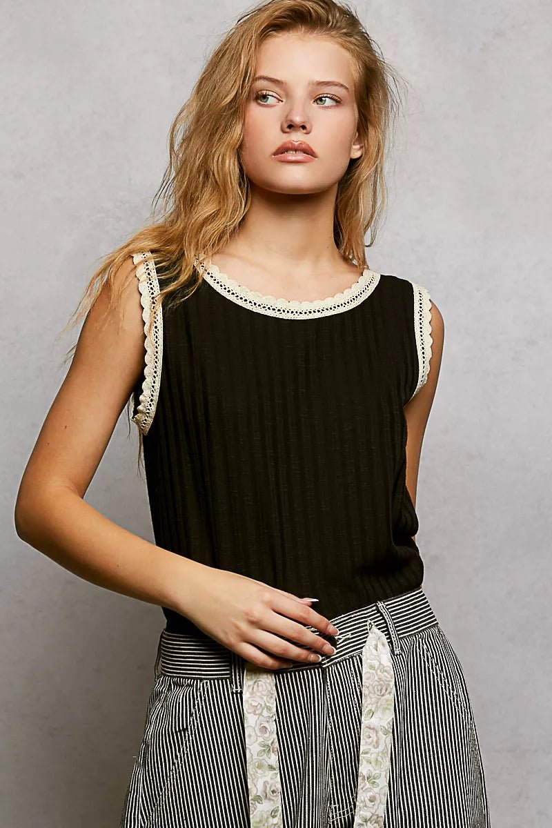 POL Ribbed Round Neck Tank with Lace Trim - 