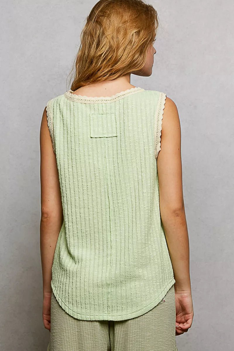 POL Ribbed Round Neck Tank with Lace Trim - 