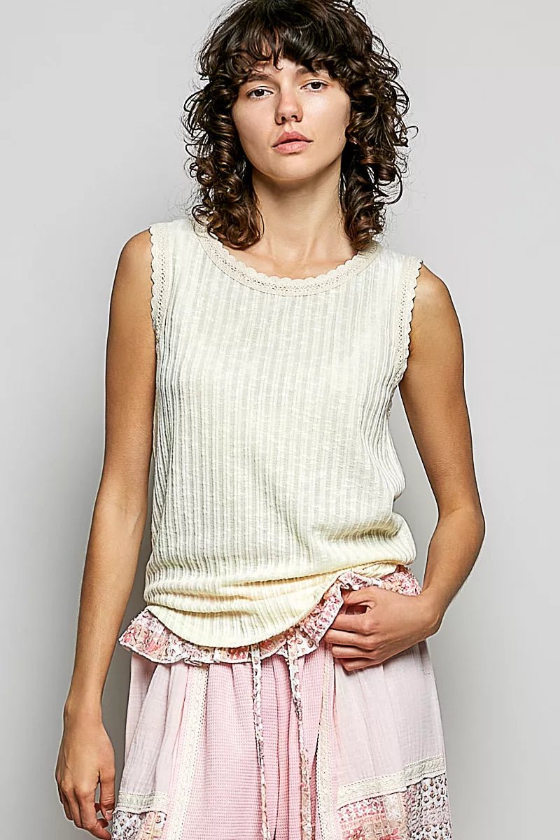 POL Ribbed Round Neck Tank with Lace Trim - 