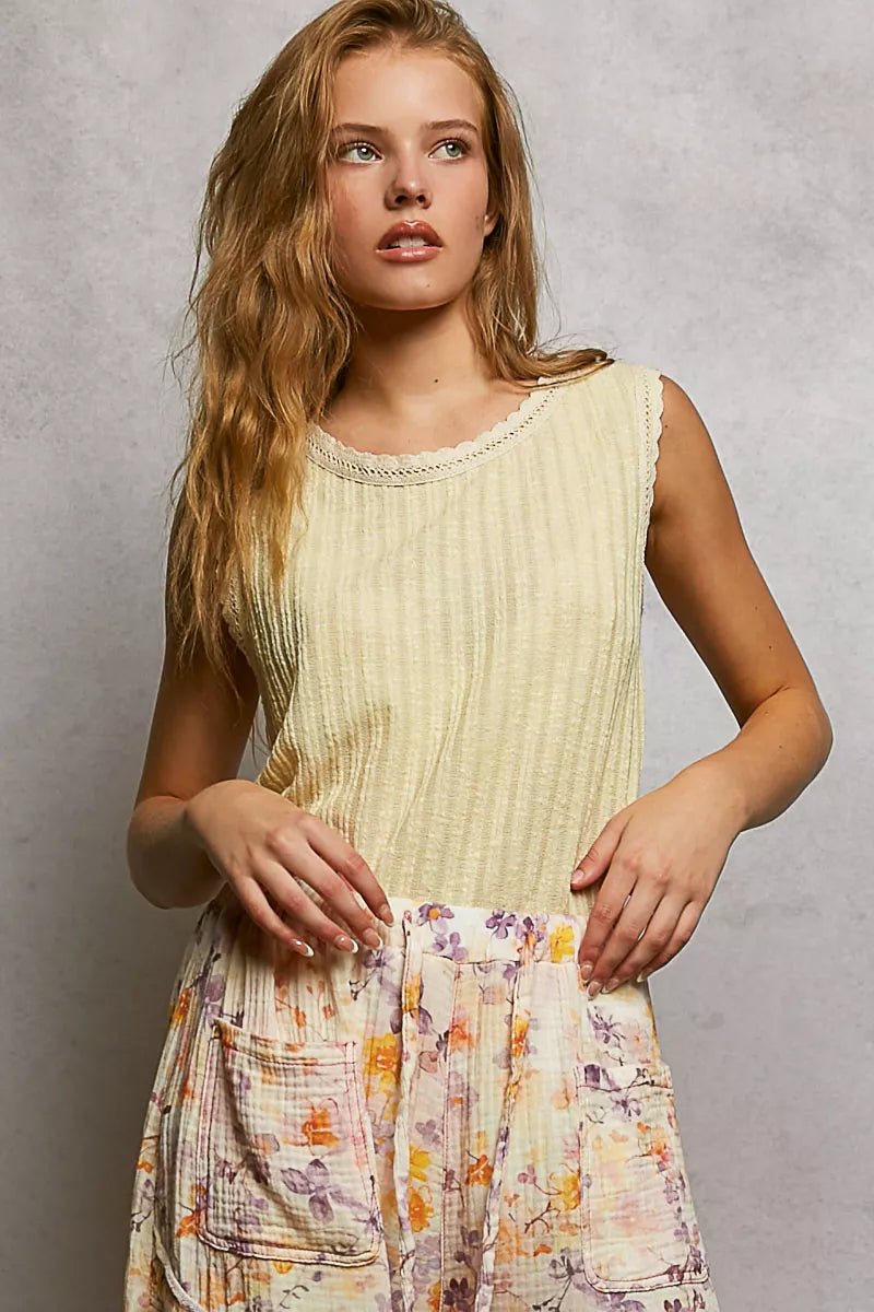 POL Ribbed Round Neck Tank with Lace Trim - 