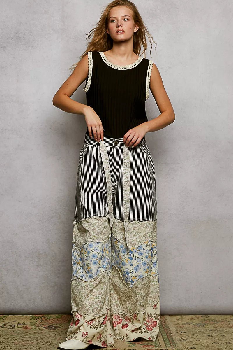 POL Ribbed Round Neck Tank with Lace Trim - 