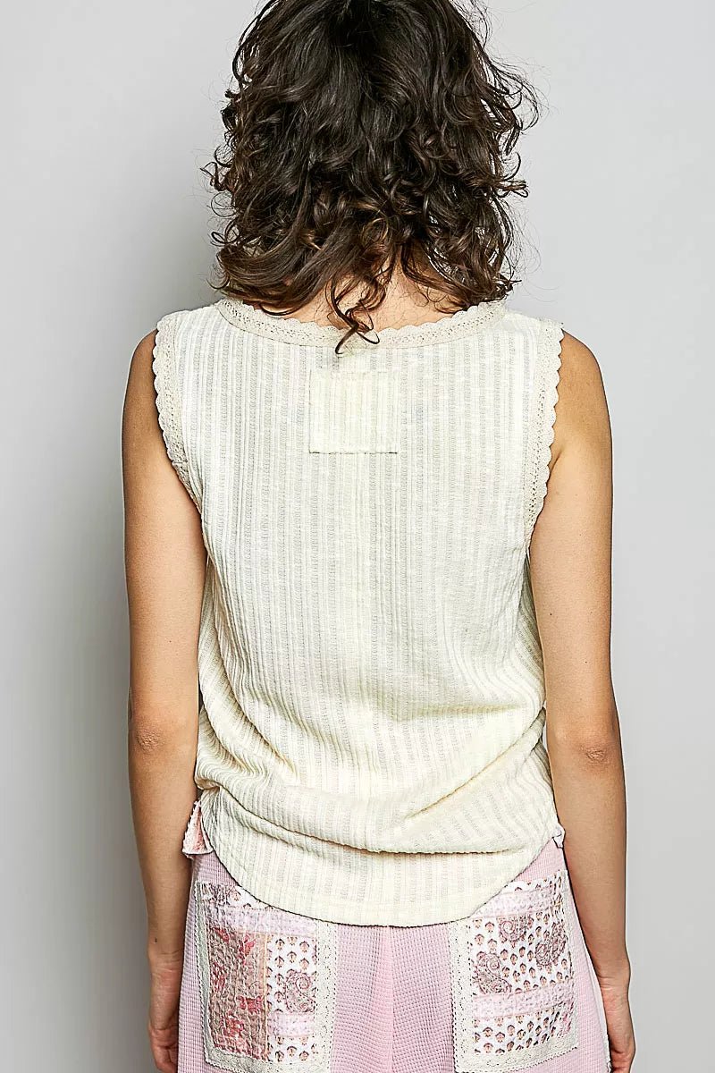POL Ribbed Round Neck Tank with Lace Trim - 
