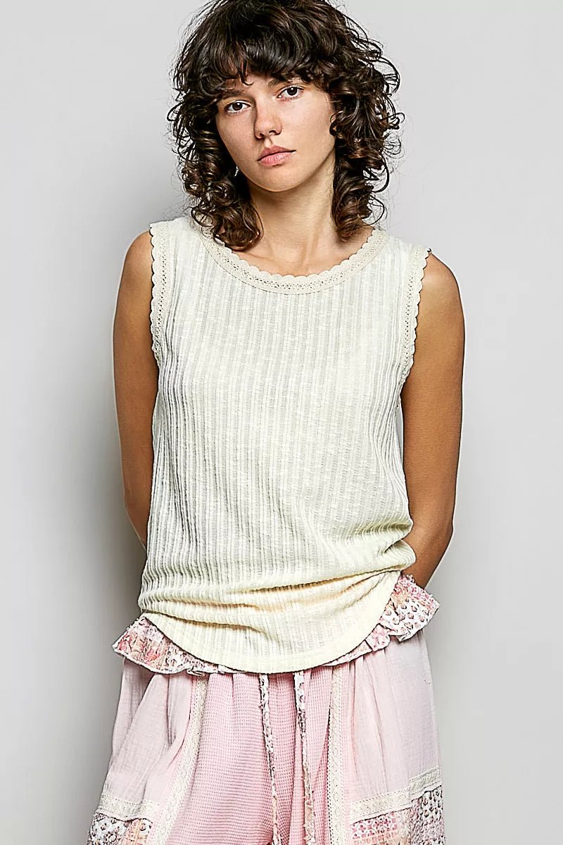 POL Ribbed Round Neck Tank with Lace Trim - 