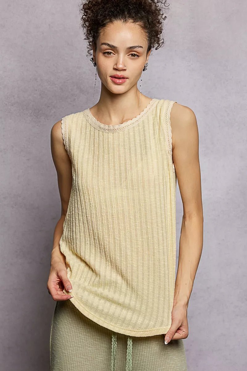 POL Ribbed Round Neck Tank with Lace Trim - 