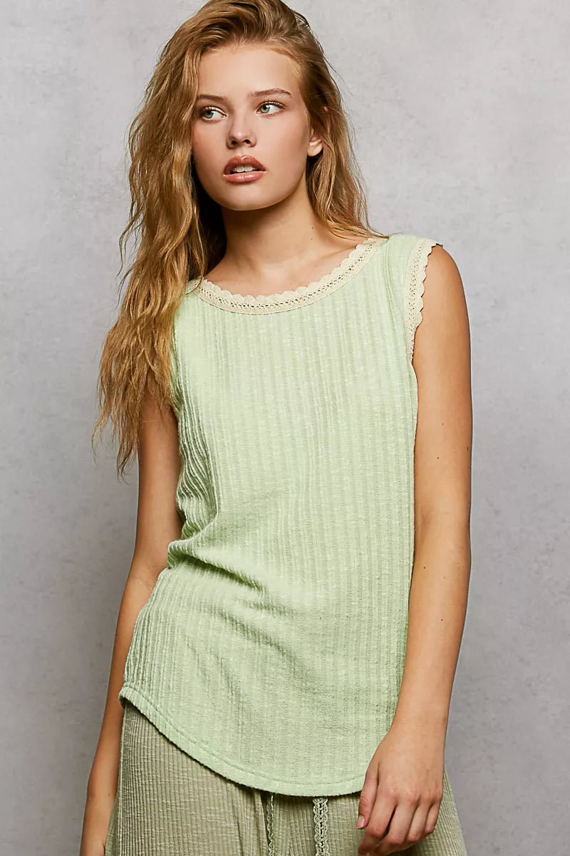 POL Ribbed Round Neck Tank with Lace Trim - 