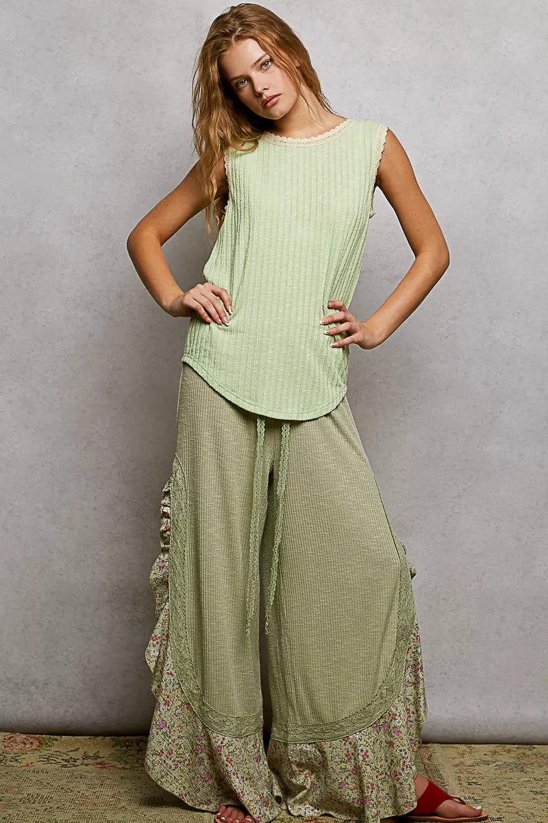 POL Ribbed Round Neck Tank with Lace Trim - 