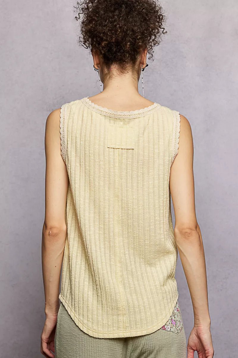 POL Ribbed Round Neck Tank with Lace Trim - 