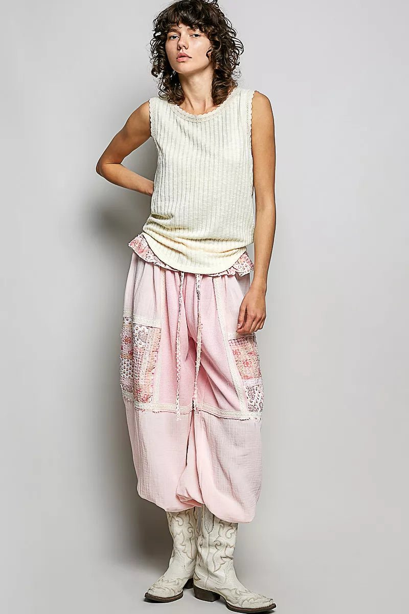 POL Ribbed Round Neck Tank with Lace Trim - 