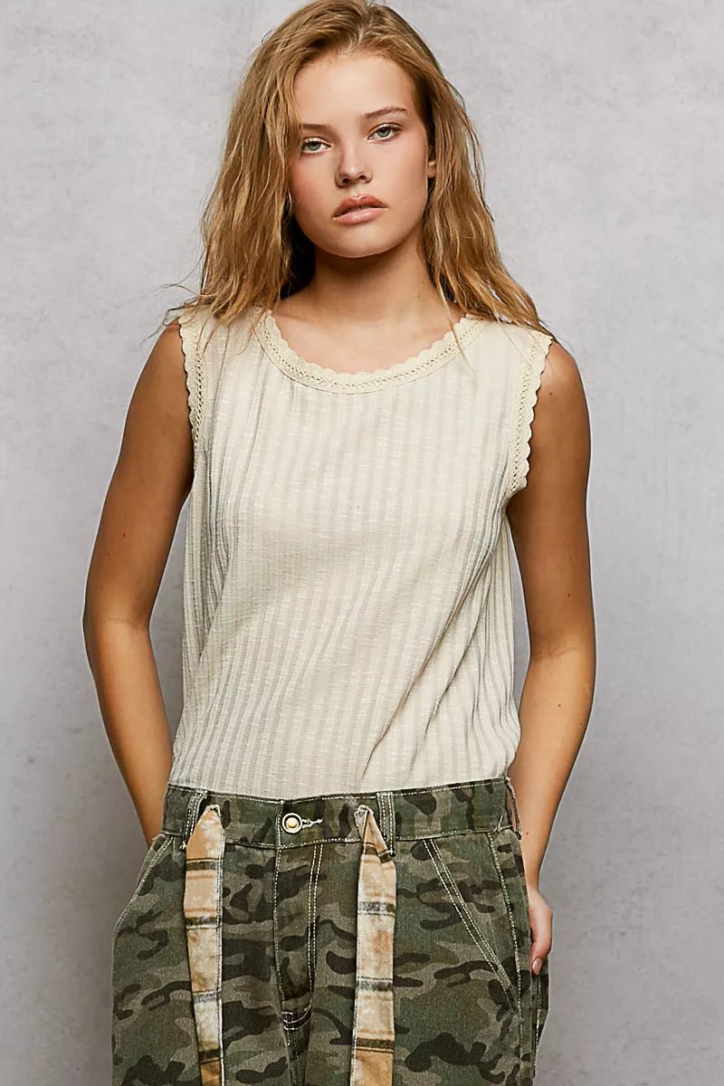 POL Ribbed Round Neck Tank with Lace Trim - 