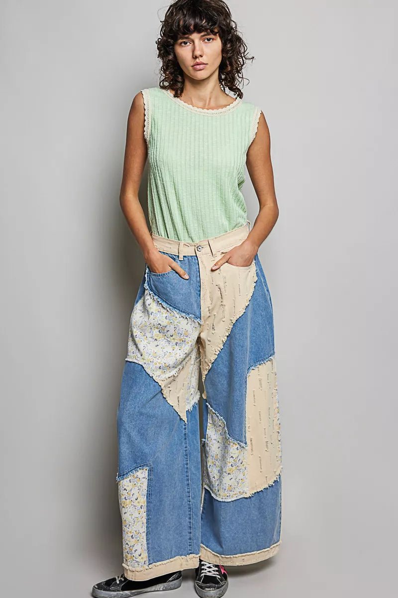 POL Ribbed Round Neck Tank with Lace Trim - 