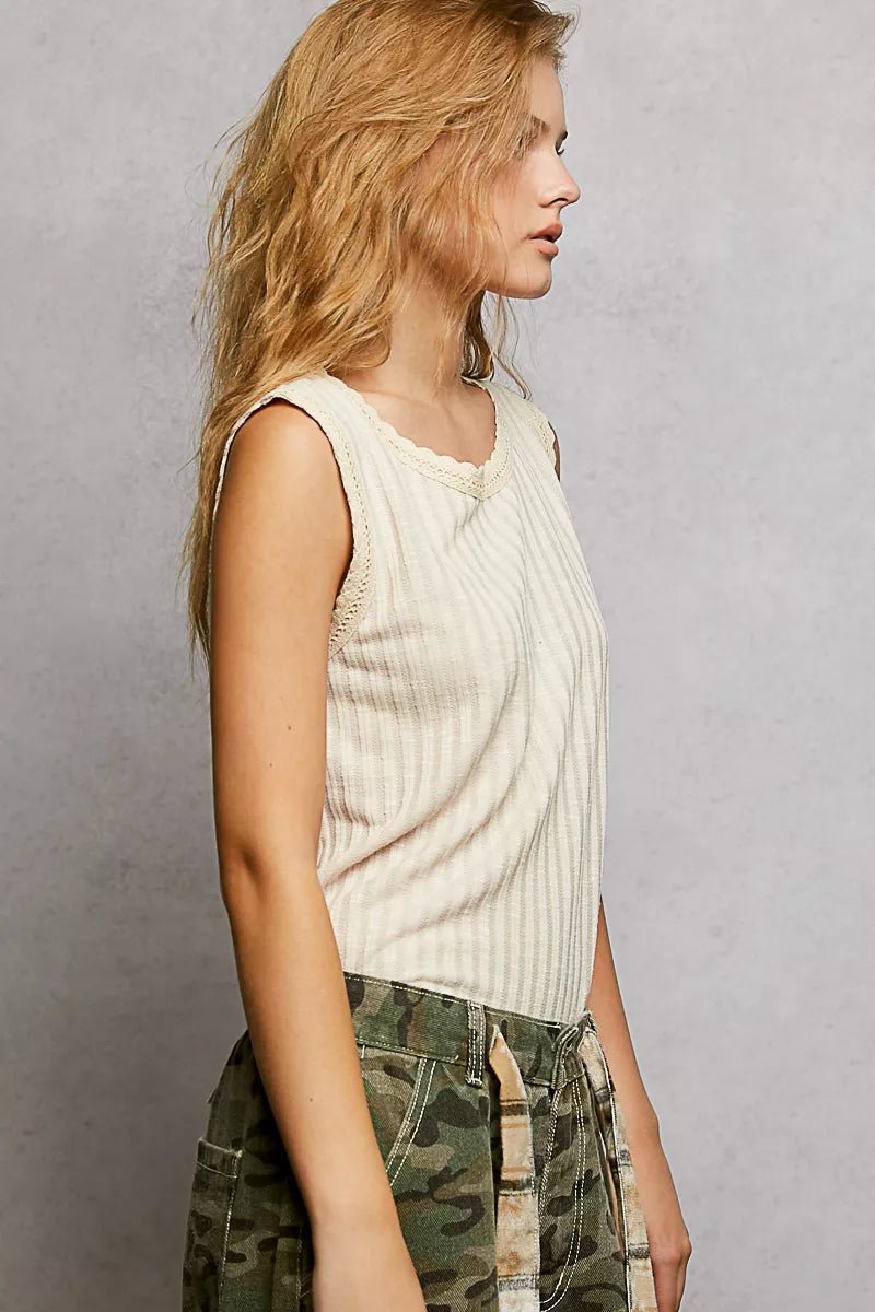 POL Ribbed Round Neck Tank with Lace Trim - 
