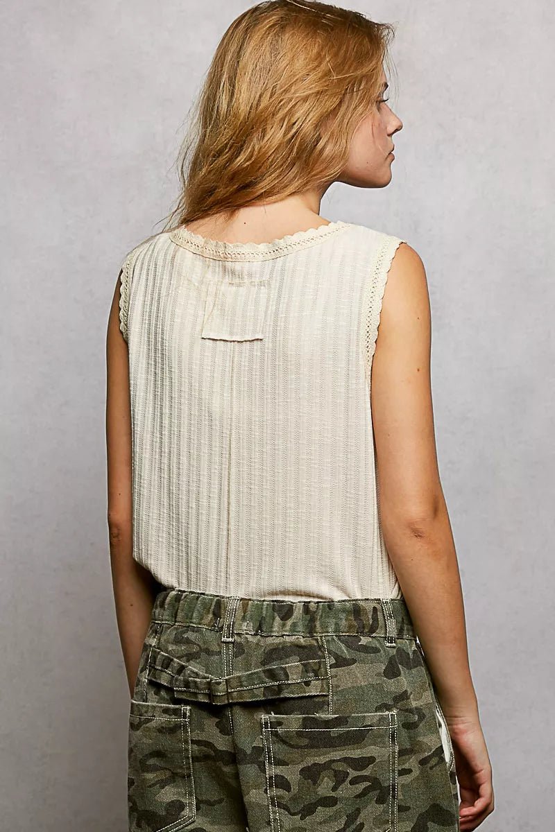 POL Ribbed Round Neck Tank with Lace Trim - 