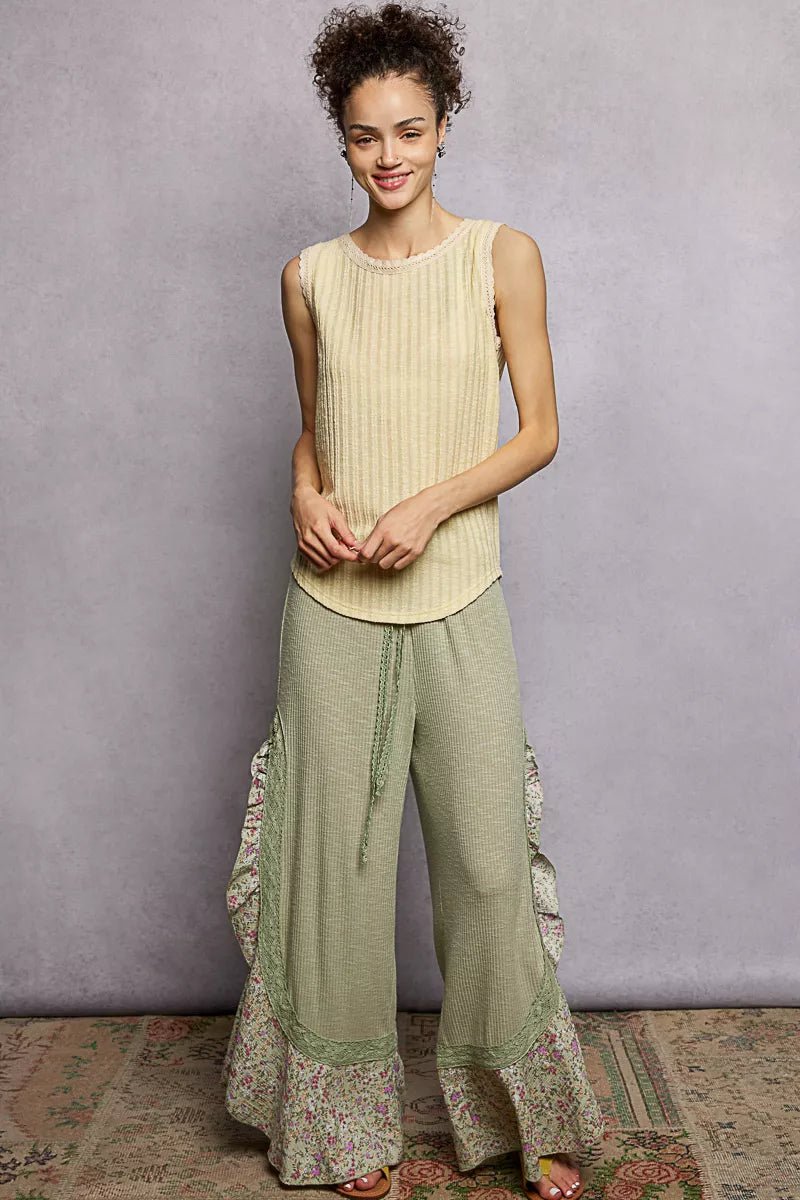 POL Ribbed Round Neck Tank with Lace Trim - 