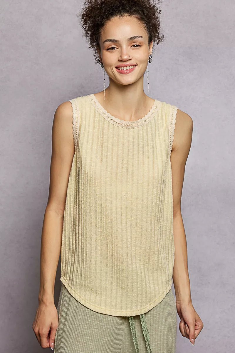 POL Ribbed Round Neck Tank with Lace Trim - 