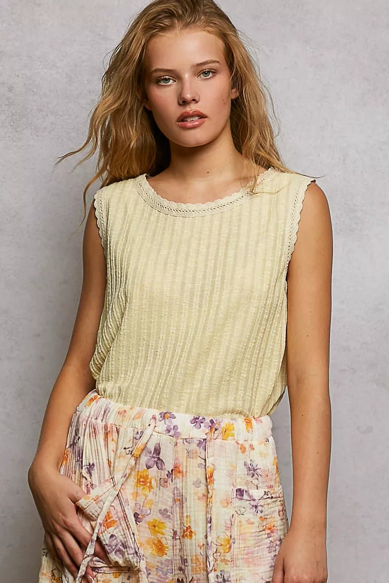 POL Ribbed Round Neck Tank with Lace Trim - 