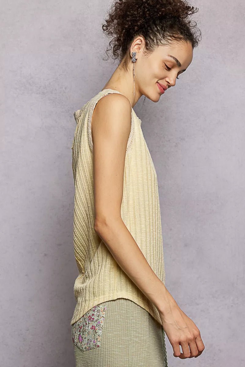 POL Ribbed Round Neck Tank with Lace Trim - 