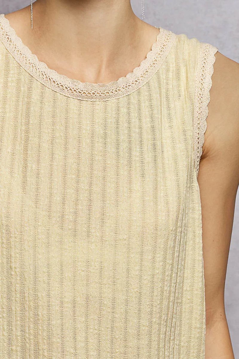 POL Ribbed Round Neck Tank with Lace Trim - 