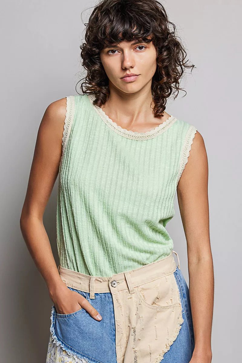 POL Ribbed Round Neck Tank with Lace Trim - 