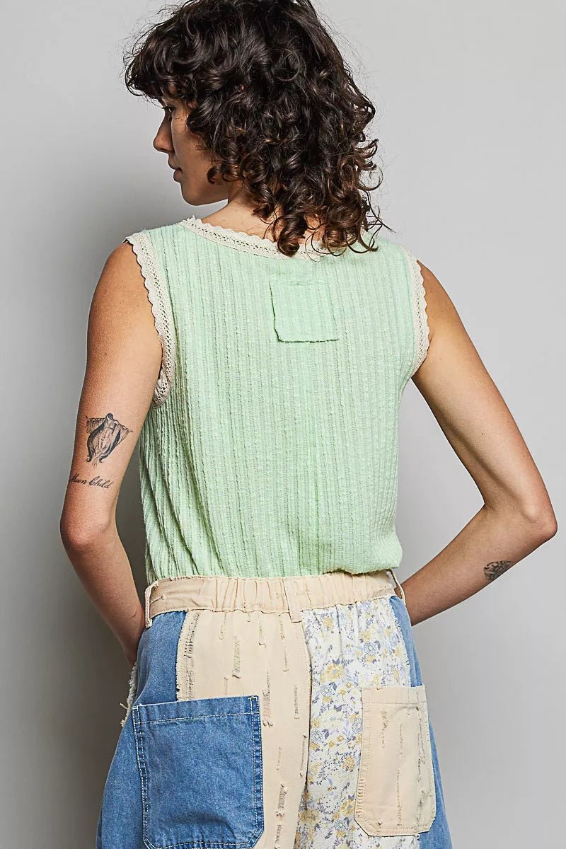 POL Ribbed Round Neck Tank with Lace Trim - 