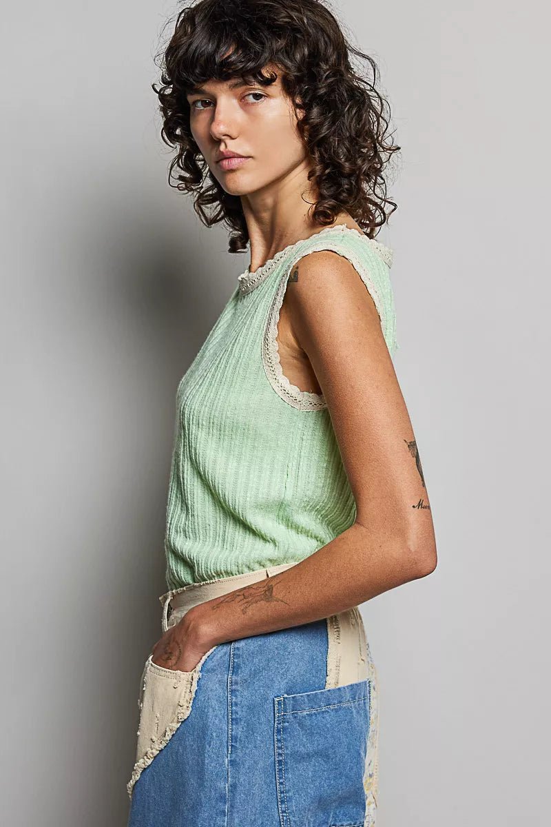 POL Ribbed Round Neck Tank with Lace Trim - 