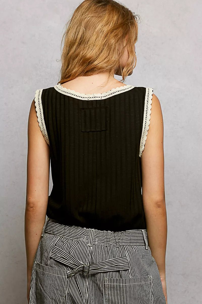 POL Ribbed Round Neck Tank with Lace Trim - 