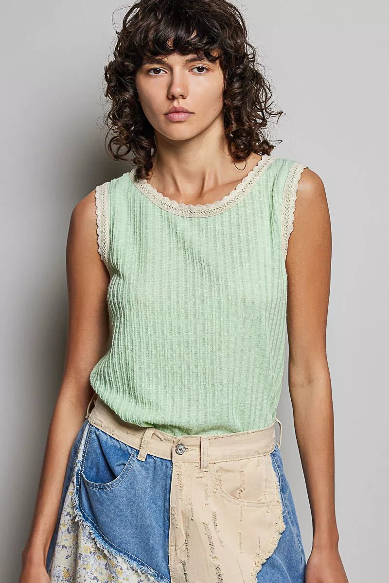 POL Ribbed Round Neck Tank with Lace Trim - 