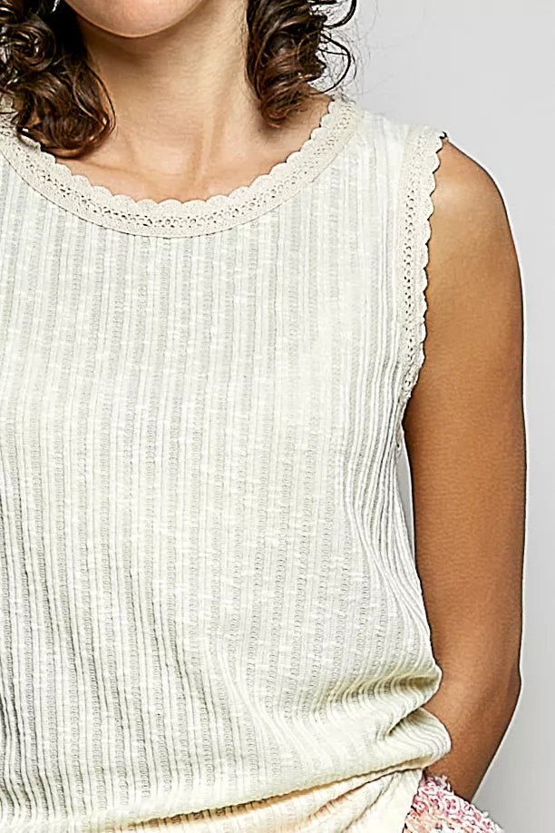 POL Ribbed Round Neck Tank with Lace Trim - 