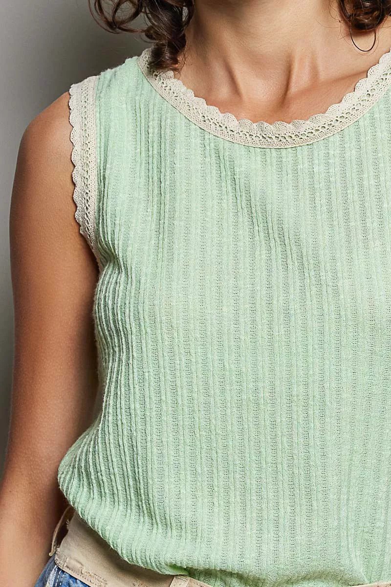 POL Ribbed Round Neck Tank with Lace Trim - 