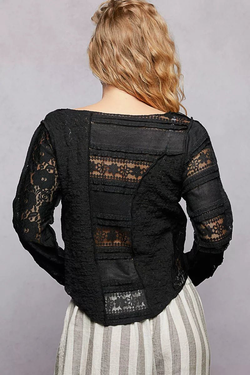 POL Round Neck Long Sleeve Exposed Seam Top with Lace Detail - 