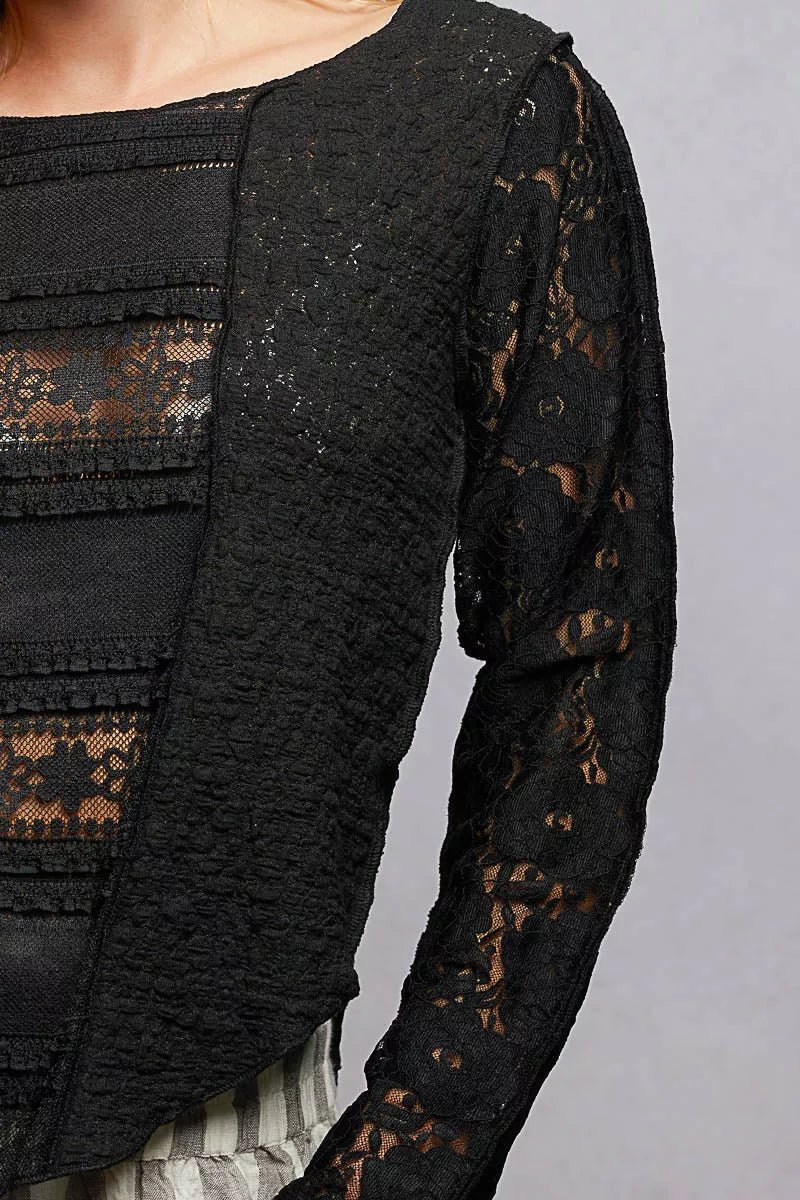 POL Round Neck Long Sleeve Exposed Seam Top with Lace Detail - 