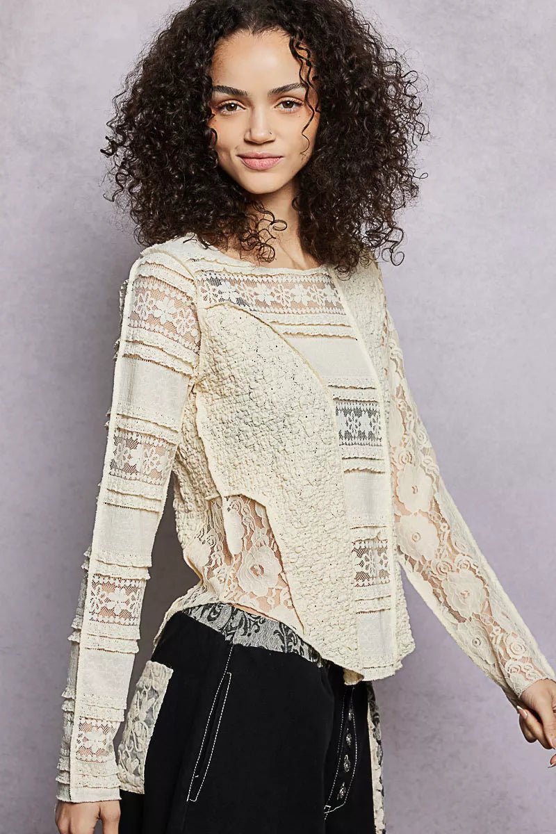 POL Round Neck Long Sleeve Exposed Seam Top with Lace Detail - 