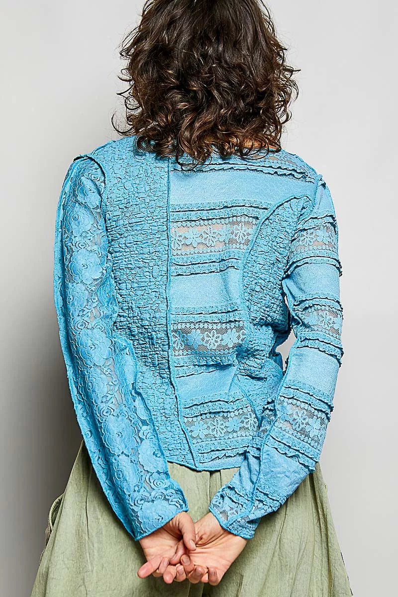 POL Round Neck Long Sleeve Exposed Seam Top with Lace Detail - 