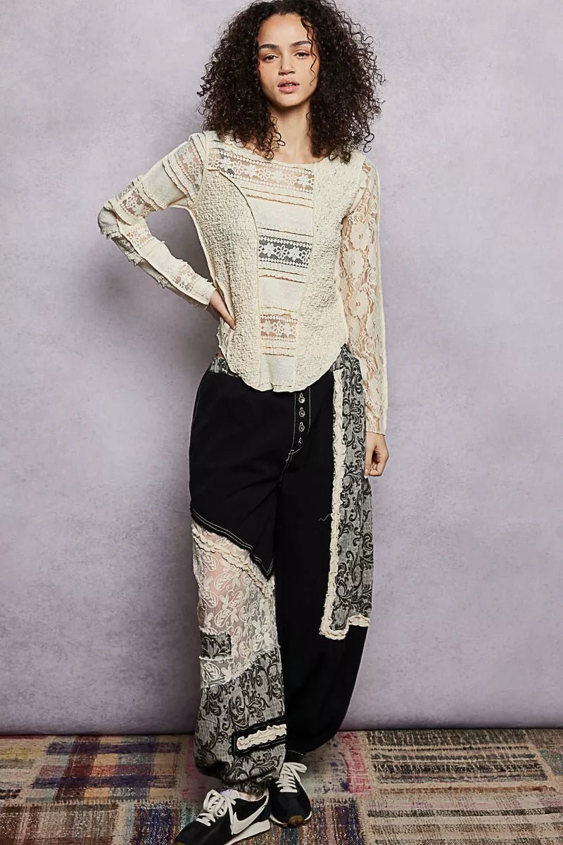 POL Round Neck Long Sleeve Exposed Seam Top with Lace Detail - 