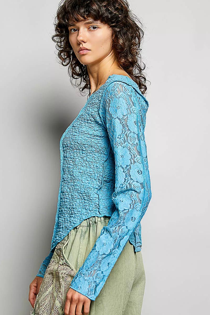 POL Round Neck Long Sleeve Exposed Seam Top with Lace Detail - 